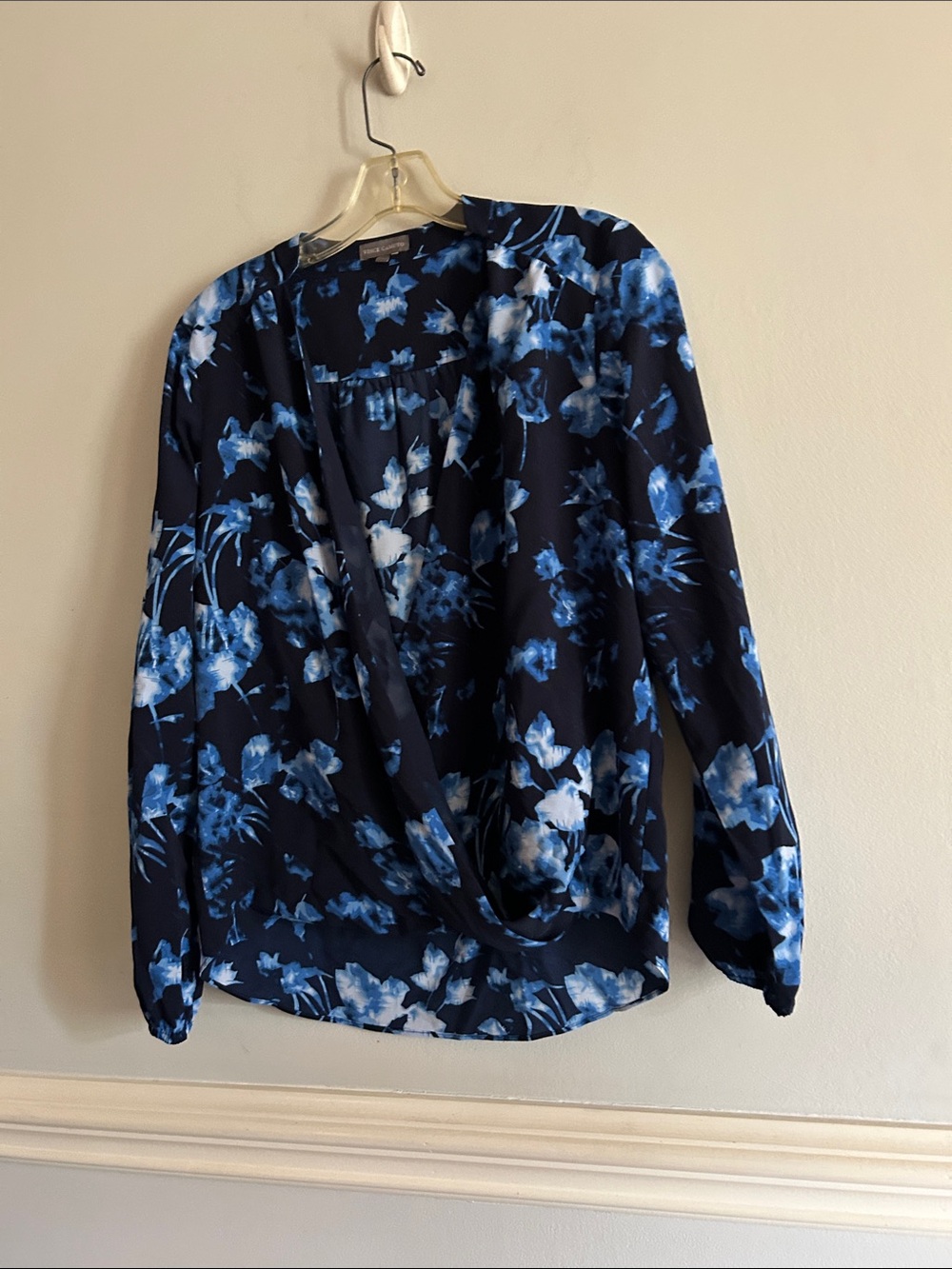 Vince Camuto Navy Floral Draped Wrap Blouse